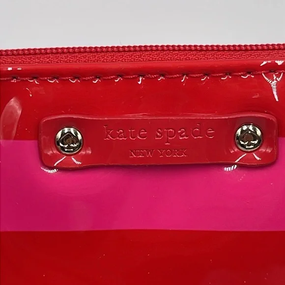 Kate Spade Patent Red and Hot Pink Striped Zip Small Wallet/Bag/Pouch 6" Wide - Picture 2 of 13